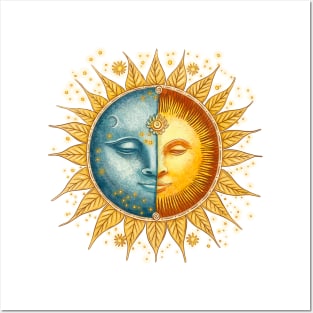 Sun and moon face hand drawn illustration. Zodiac sign. Posters and Art